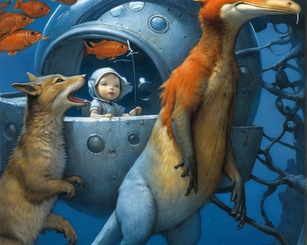 Surreal Underwater Scene with Child and Fantasy Creatures