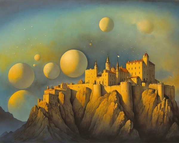 Surreal Castle Landscape with Celestial Bodies and Light