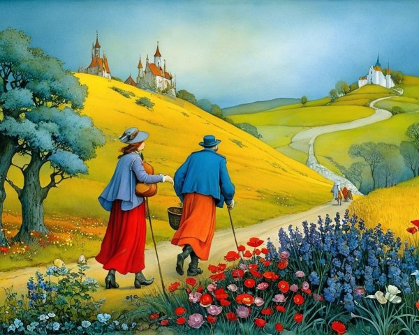 Couple Walking Through Colorful Landscape with Castles