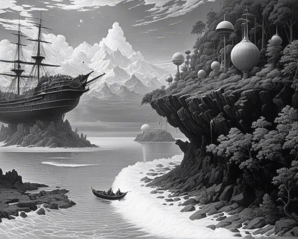 Majestic Ship Anchored by Mountains and Futuristic Spheres