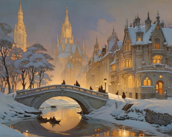 Serene Winter Scene with Twilight Sky and Snowy Landscape