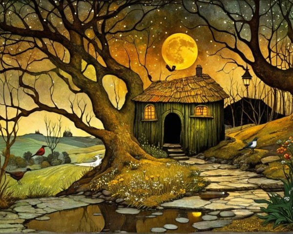Whimsical Moonlit Cottage Surrounded by Nature