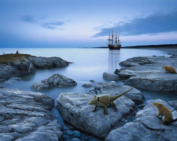 Twilight Scene with Ship and Ancient Creatures