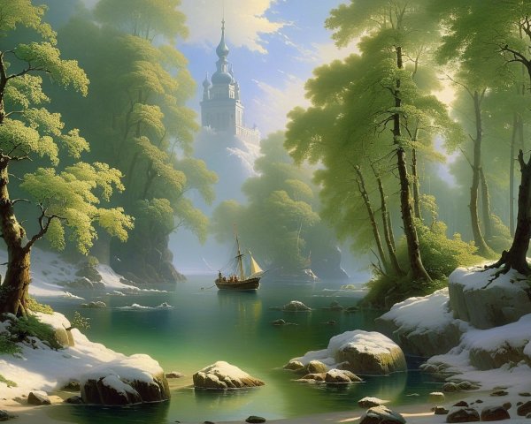 Serene landscape with river, trees, and mountains