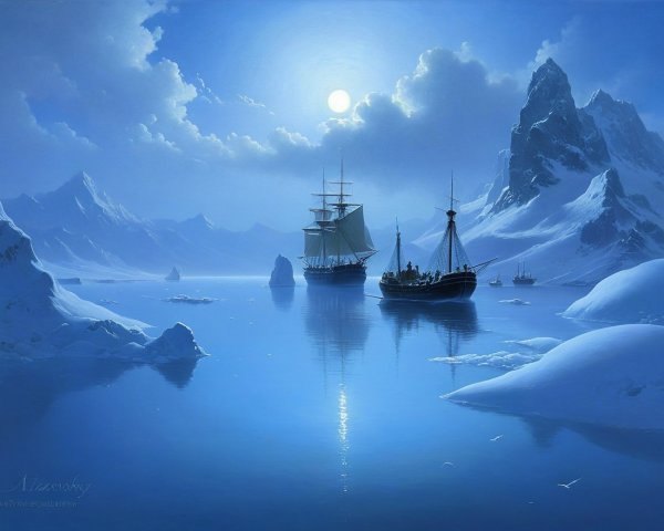 Winter Landscape with Ships in Icy Waters and Mountains