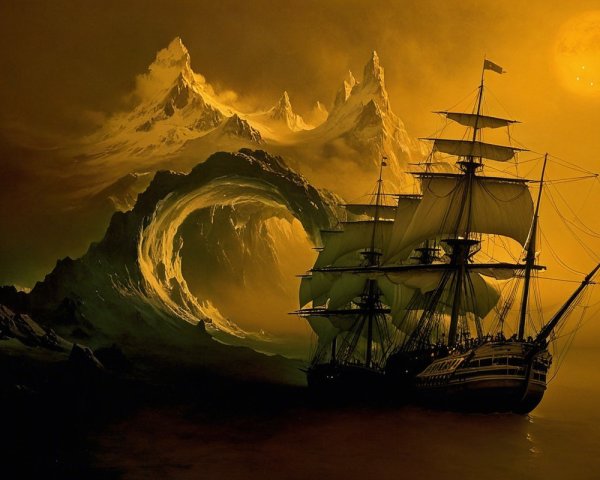 Tall Ship in Surreal Seascape with Dramatic Waves