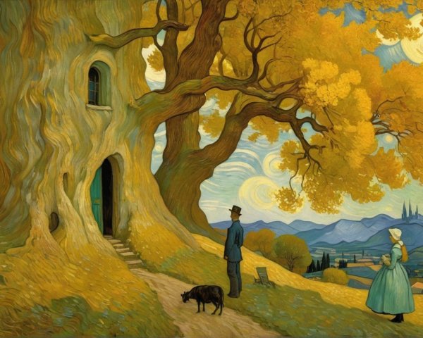 Golden-leaved tree with whimsical doorway in vibrant landscape