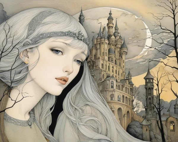 Ethereal Woman with Castle in Mystical Landscape