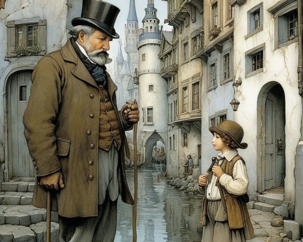 Elderly Man and Boy in Whimsical Storybook Setting
