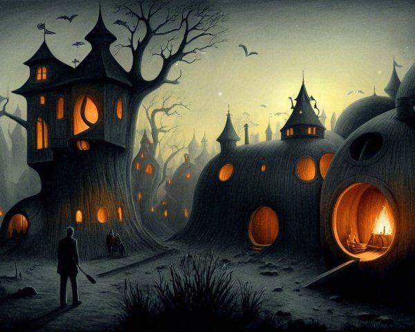 Whimsical Village with Peculiar Houses at Twilight