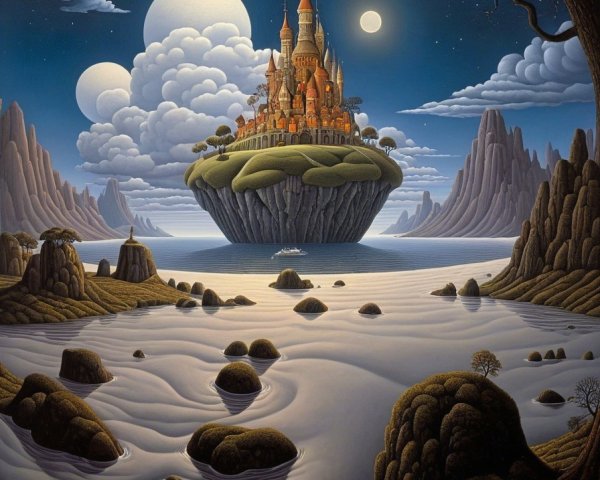Majestic castle on a floating island with moons