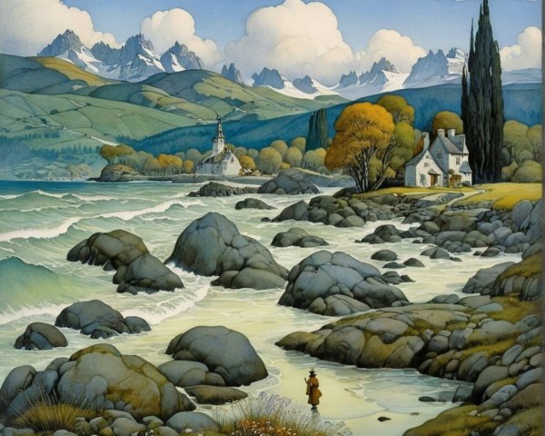 Serene Landscape with Hills, Mountains, and Coastline