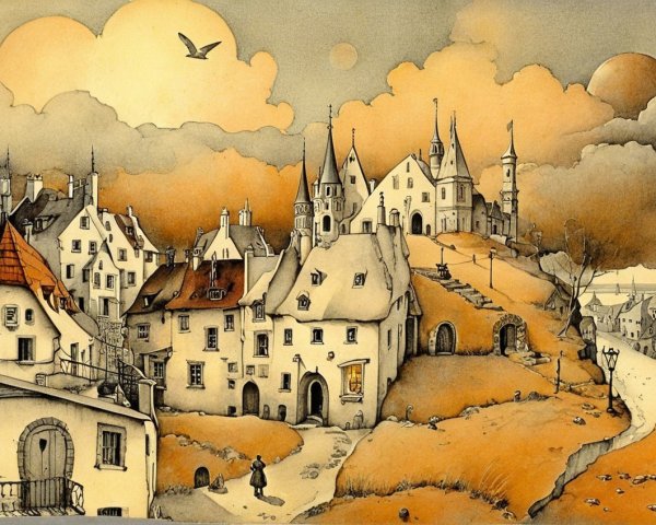 Quaint Village Scene Under Dramatic Sky and Warm Hues