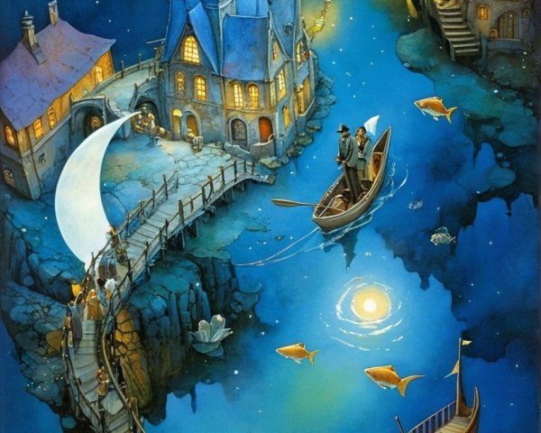 Whimsical Night Scene of Houses by Moonlit River