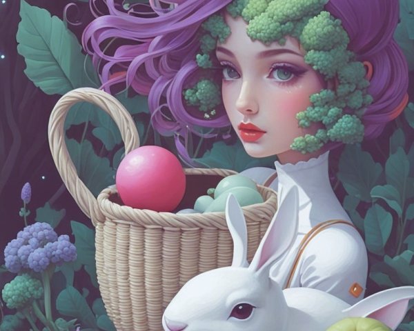 Whimsical Portrait of a Woman in a Fantastical Garden