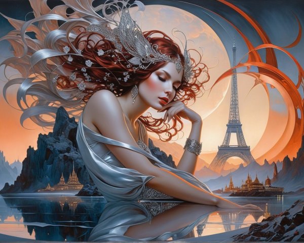 Goddess figure in silver gown against Eiffel Tower twilight
