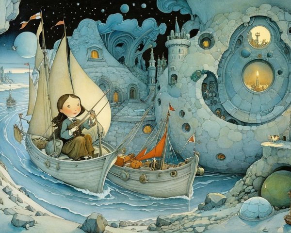 Whimsical Sailboat Scene with Guitar and Starry Sky
