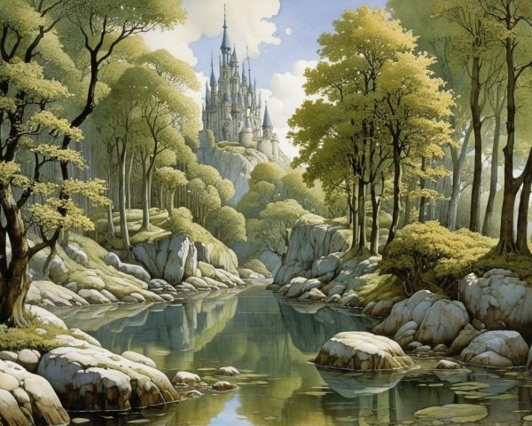 Tranquil River and Castle in Serene Landscape