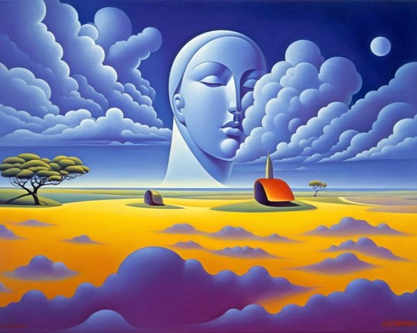 Surreal Landscape with Serene Face and Vibrant Clouds