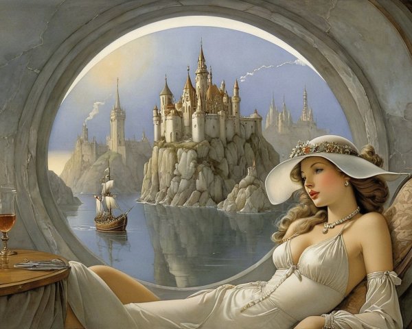 Serene Castle Scene Through Circular Window View