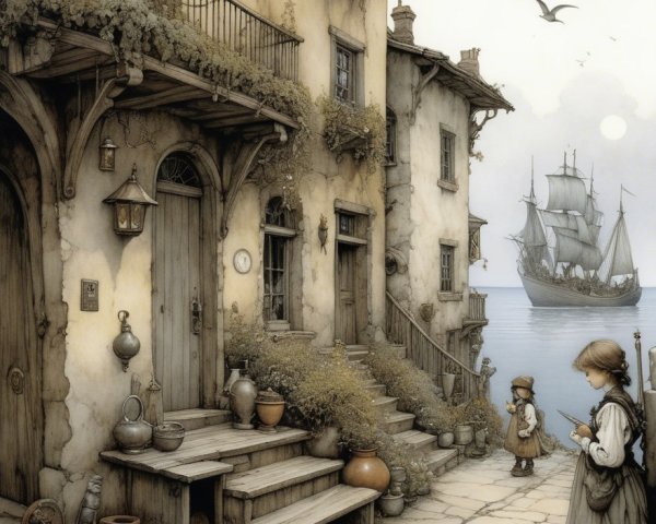 Serene Coastal Village with Stone Buildings and Ship