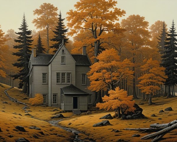 Gray House in Serene Autumn Landscape with Foliage