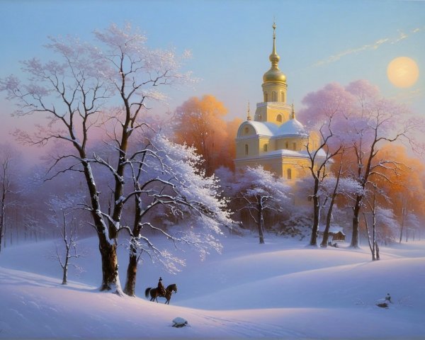 Serene Winter Landscape with Church and Horseback Rider