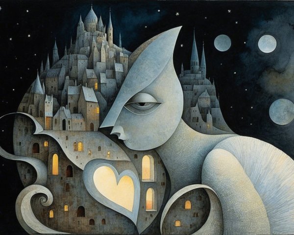 Whimsical Surreal Artwork of Ethereal Cat-Like Figure