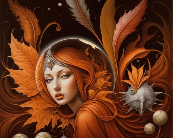 Ethereal figure with red hair and autumn leaves