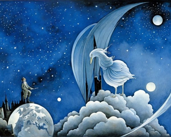 Whimsical Night Sky with Ethereal Bird and Castles