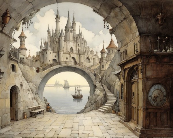 Grand Castle with Spires and Serene Waterway Scene