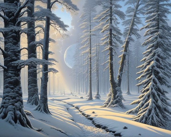 Serene Winter Landscape with Snowy Trees and Moon