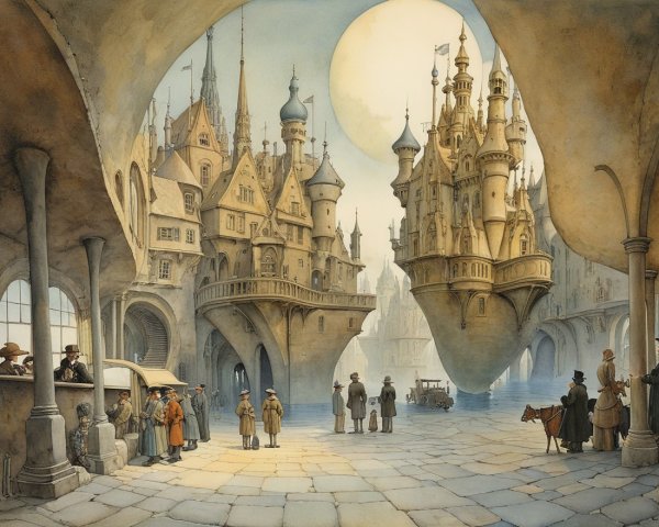 Whimsical Cityscape with Floating Castles and Vintage Charm