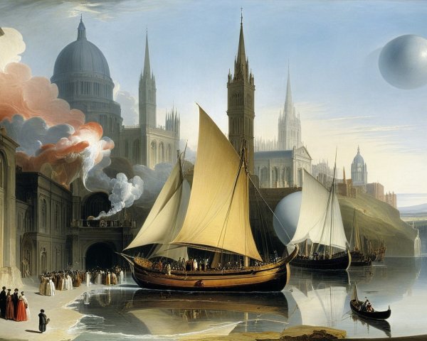Historical Harbor Scene with Sailing Vessels and Spheres