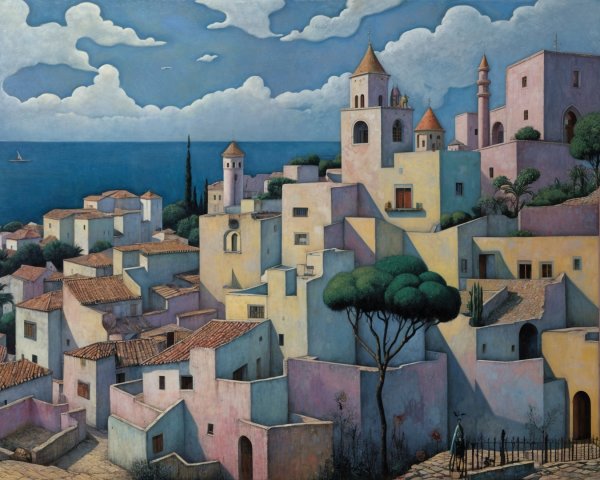 Coastal Town with Abstract Buildings and Scenic Views