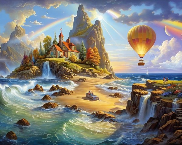 Vibrant Coastal Landscape with House and Hot Air Balloon