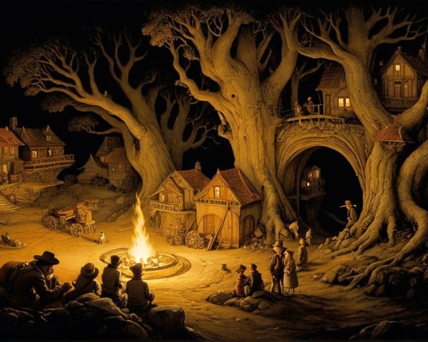 Whimsical Night Scene in a Mystical Village