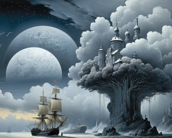Grand Ship Sailing Towards Fantastical Landscape Scene