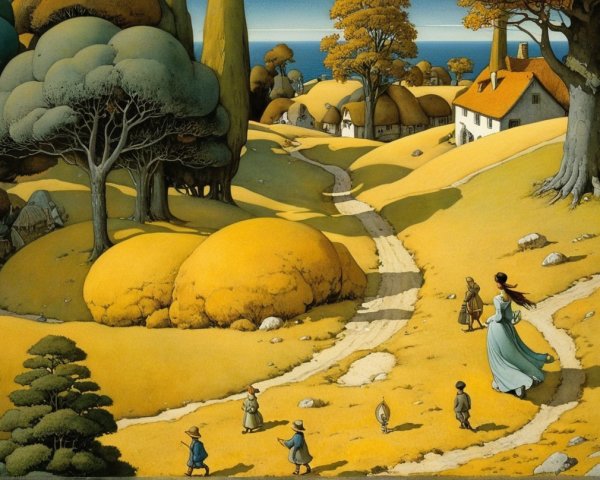 Serene landscape with path, fields, and autumn trees