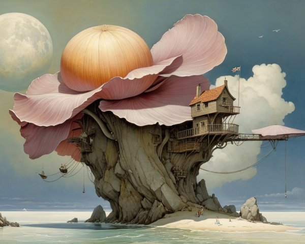 Surreal Landscape with Giant Flower and Beach Scene