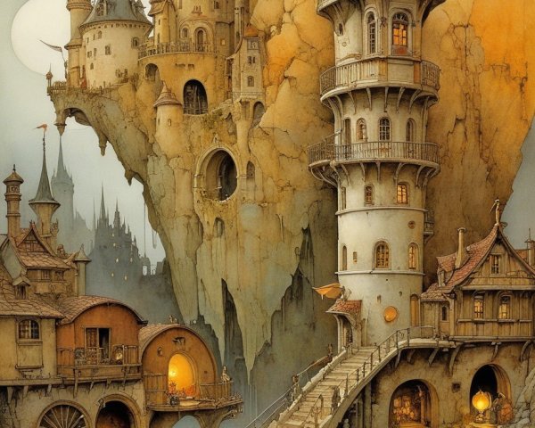 Whimsical Village with Fantastical Castles and Twilight