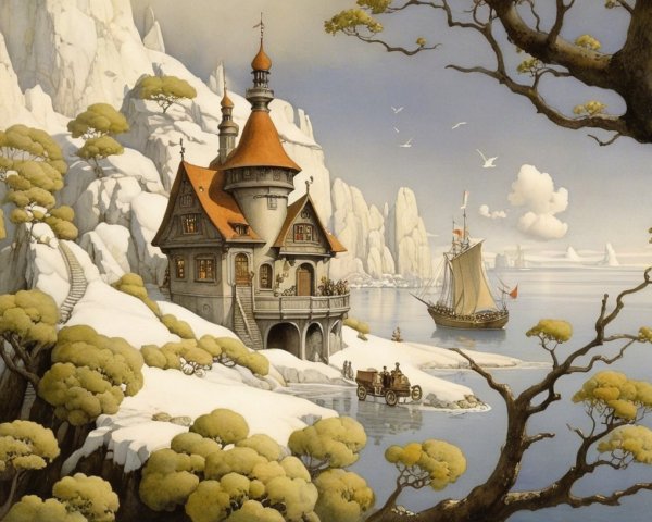 Whimsical Coastal Scene with Charming House and Sailboat