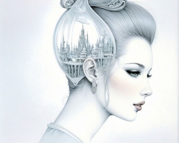 Elegant Woman with Whimsical Hairstyle and Architecture