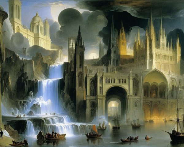 Majestic Waterfalls in Enchanting Gothic Cityscape
