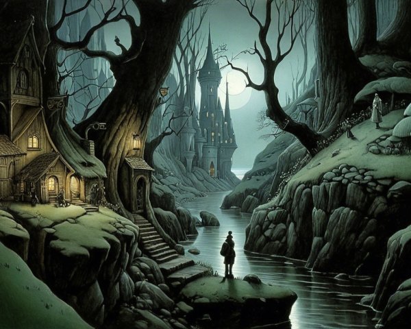Enchanting Landscape with River, Cottages, and Castle