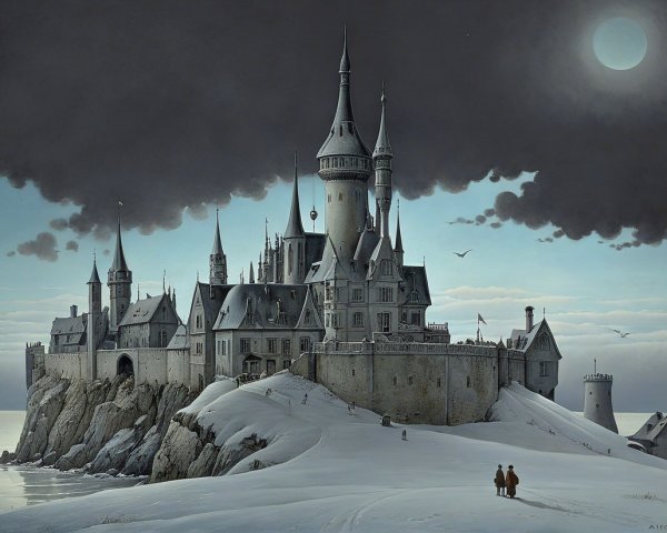 Majestic castle on a cliff in a snowy landscape