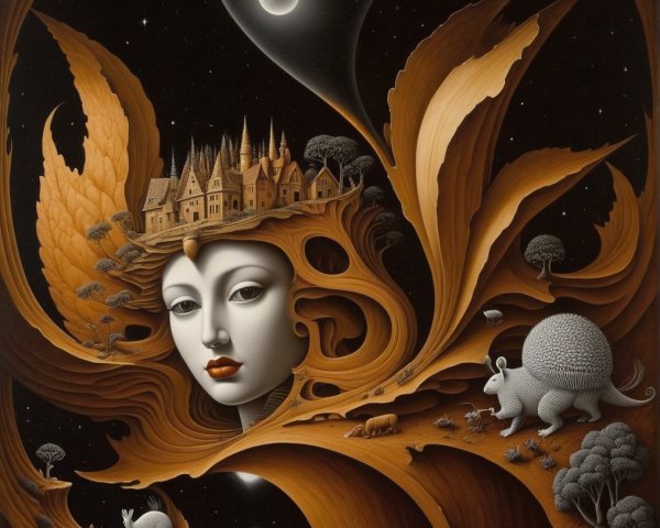 Surreal Artwork of Female Face with Foliage Crown