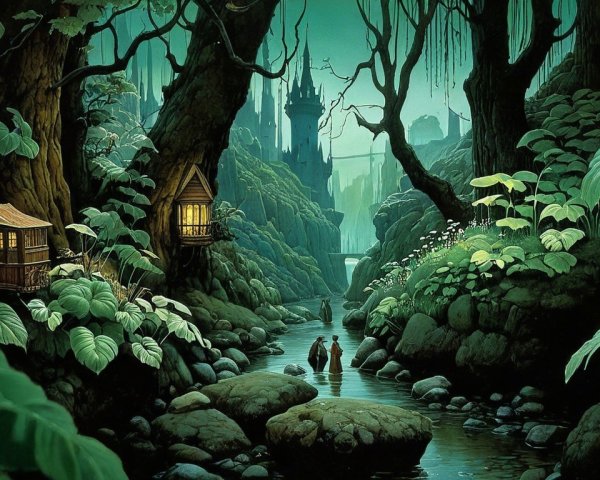 Mystical Forest with Stream and Treehouses at Twilight
