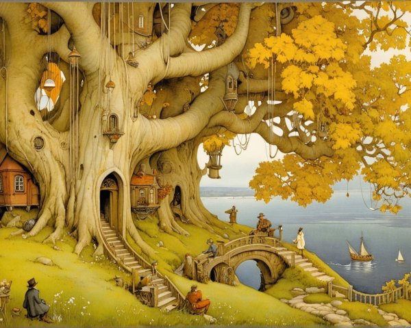Whimsical scene with a giant tree and autumn leaves