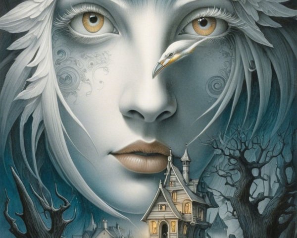 Mystical Face with Wings and Enchanting House Scene